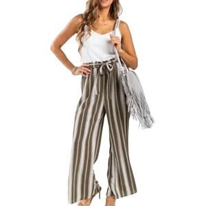 NWT ~ FRANCESCA'S JUN & IVY Green & White Striped Tie Waist Jumpsuit ~ MEDIUM